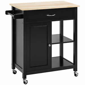 Rolling Kitchen Cart with Wood Top & Drawer, Kitchen Island on Wheels Black