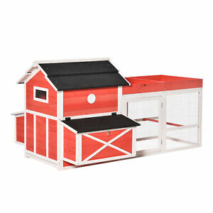 Chicken Coop Small Animal Habitat Hen House with Run Nesting Box, Red