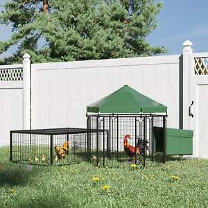 Steel Chicken Coop, Hexagonal Poultry Cage, w/ Run, Nesting Box, Canopy, Green