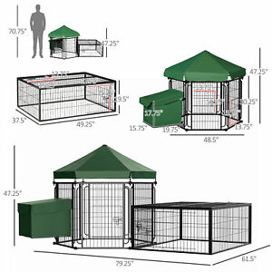 Steel Chicken Coop, Hexagonal Poultry Cage, w/ Run, Nesting Box, Canopy, Green