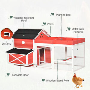 Chicken Coop Small Animal Habitat Hen House with Run Nesting Box, Red