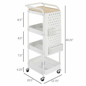 4-Tier Utility Cart with DIY Steel Pegboards & Lid for Kitchen, Office, White