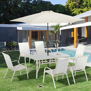 8 Piece Patio Dining Set w/ Table Umbrella 6 Chairs Dining Table White