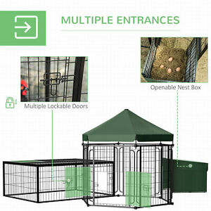 Steel Chicken Coop, Hexagonal Poultry Cage, w/ Run, Nesting Box, Canopy, Green