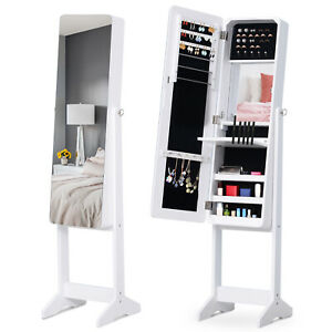 Freestanding Mirrored Jewelry Cabinet Armoire Organizer w/ Stand LED White