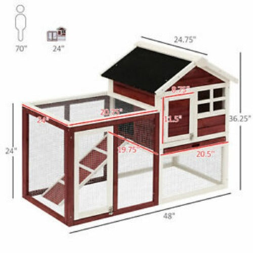 48"x25”x36” Rabbit Hutch Backyard Bunny Cage with Run Brown