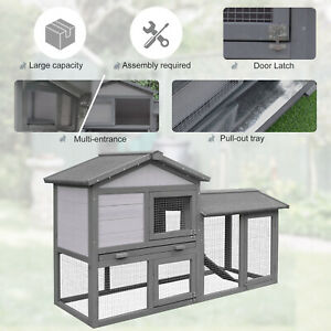 Wood Rabbit Hutch Small Animal House Asphalt Roof w/ Ramp and Outdoor Run