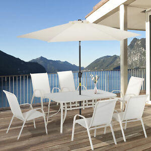 8 Piece Patio Dining Set w/ Table Umbrella 6 Chairs Dining Table White