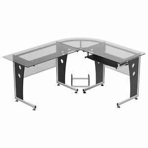 64" Modern L-Shaped Glass Top Office Workstation Computer Desk PC Table