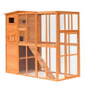 Large Wooden Outdoor Cat House with Large Run for Play, Natural