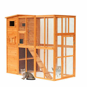 Large Wooden Outdoor Cat House with Large Run for Play, Natural