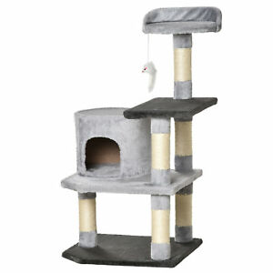 39" Cat Tree Scratching Post Condo House with Hanging Toy Grey