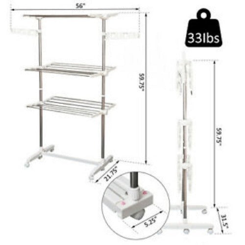 3 Tier Clothes Drying Rack Collapsible Laundry Hanger Indoor Outdoor