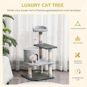 39" Cat Tree Scratching Post Condo House with Hanging Toy Grey