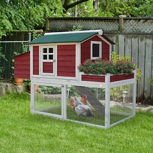 Wood Chicken Coop Hutch w/ Roof Top Run Backyard