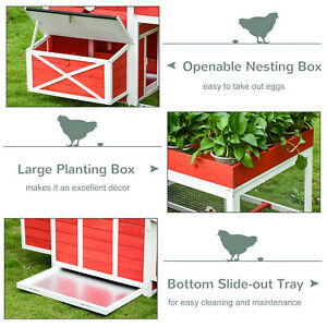 Chicken Coop Small Animal Habitat Hen House with Run Nesting Box, Red