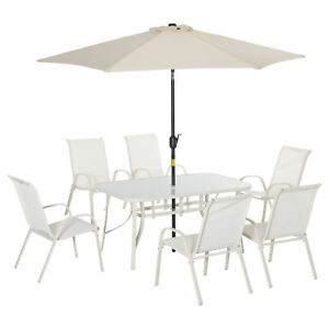 8 Piece Patio Dining Set w/ Table Umbrella 6 Chairs Dining Table White