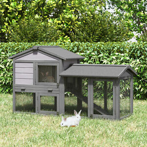 Wood Rabbit Hutch Small Animal House Asphalt Roof w/ Ramp and Outdoor Run