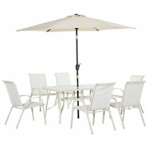 8 Piece Patio Dining Set w/ Table Umbrella 6 Chairs Dining Table White