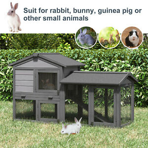 Wood Rabbit Hutch Small Animal House Asphalt Roof w/ Ramp and Outdoor Run