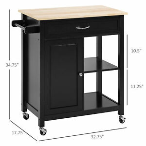 Rolling Kitchen Cart with Wood Top & Drawer, Kitchen Island on Wheels Black