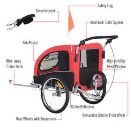 2in1 Pet Dog Bike Bicycle Trailer Stroller Jogger w/Suspension Red Black