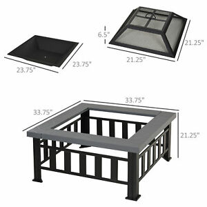 33" Square Fire Pit Steel Stove W/Rain Cover Outdoor Backyard BBQ Black