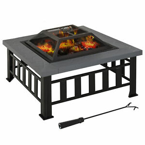 33" Square Fire Pit Steel Stove W/Rain Cover Outdoor Backyard BBQ Black