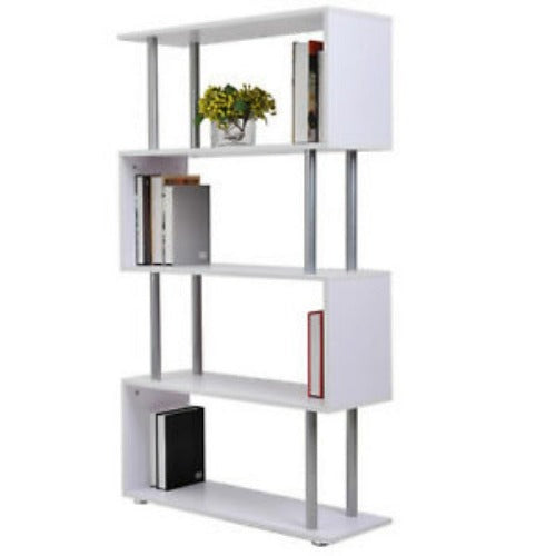 4-Tires Wooden Bookcase S Shape Storage Display Unit Home Organizer White