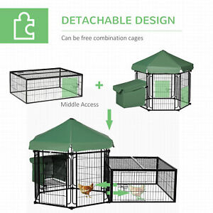 Steel Chicken Coop, Hexagonal Poultry Cage, w/ Run, Nesting Box, Canopy, Green