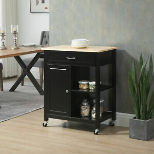 Rolling Kitchen Cart with Wood Top & Drawer, Kitchen Island on Wheels Black