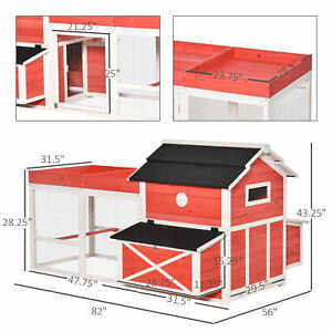 Chicken Coop Small Animal Habitat Hen House with Run Nesting Box, Red