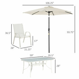 8 Piece Patio Dining Set w/ Table Umbrella 6 Chairs Dining Table White