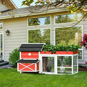 Chicken Coop Small Animal Habitat Hen House with Run Nesting Box, Red