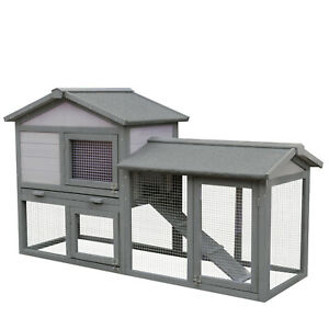 Wood Rabbit Hutch Small Animal House Asphalt Roof w/ Ramp and Outdoor Run