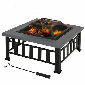 33" Square Fire Pit Steel Stove W/Rain Cover Outdoor Backyard BBQ Black