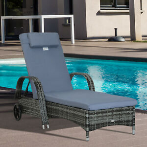 Outdoor Rattan Wicker Chaise Lounge Beach Poolside Adjustable Sofa Chair Grey