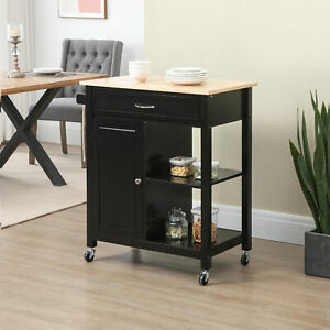 Rolling Kitchen Cart with Wood Top & Drawer, Kitchen Island on Wheels Black