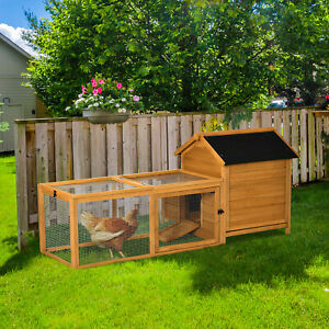 2-Tier Wooden Chicken Coop with Removable Tray, Nesting Box, Outside Run, Ramp