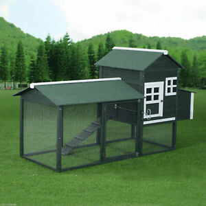 84" Large Wooden Chicken Coop Pet Cage Hen House & Nesting Area ladder Green