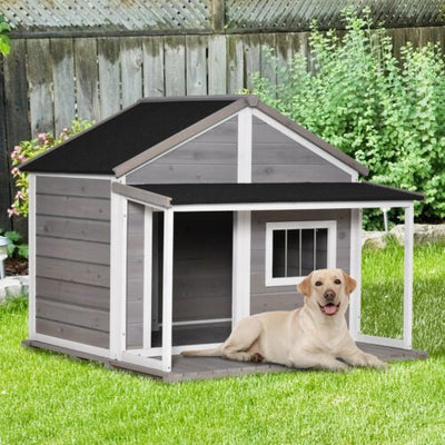 Outdoor Wooden Raised Cabin Dog House w/ Porch, Medium/Large, 53 Lbs., Grey 196393165737