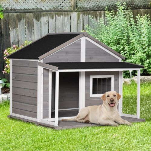 Outdoor Wooden Raised Cabin Dog House w/ Porch, Medium/Large, 53 Lbs., Grey 196393165737