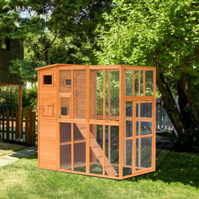 Wooden Cat Home Enclosure Pet House Shelter Cage Outdoor Play Area Run, Natural 712190176617