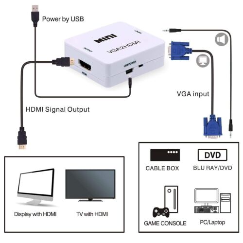 Mini VGA To HDMI Converter Box with HD 1080P Audio Adapter Connector for Laptop