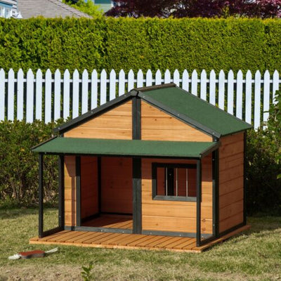 Outdoor Wooden Raised Cabin Dog House w/ Porch, Medium/Large, 53 Lbs., Yellow 196393161319