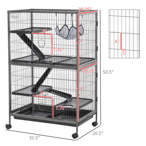 Large Rolling Steel Small Animal Habitat W/ Hammock &amp; 4 Doors, Removable Tray