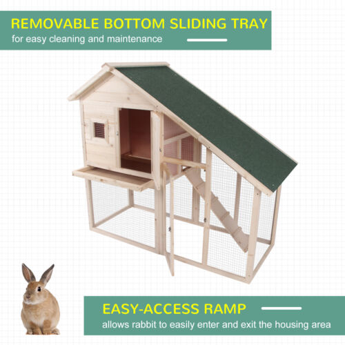 2-tier Wood Backyard Bunny Cage Small Animal House Ramp and Outdoor Run Enclosed