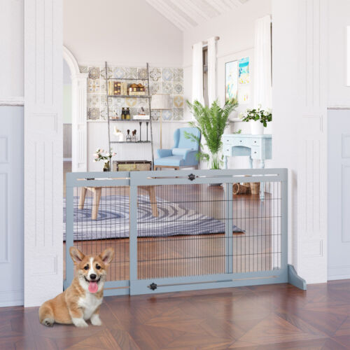 72&quot; Extra Wide Freestanding Pets Gate, No-Mount Adjustable Barrier, Blue-grey 196393066614