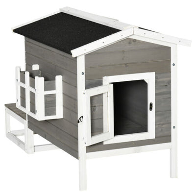 Wood Luxury Raised Outdoor Indoor Dog Cage Cat House with Balcony Grey 842525131209