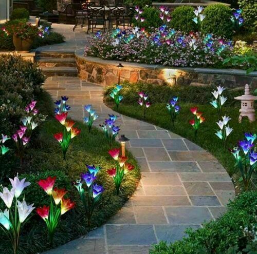 Outdoor Solar Garden Lights, 2 Pack Solar Powered Lights with Lily Flower Lights